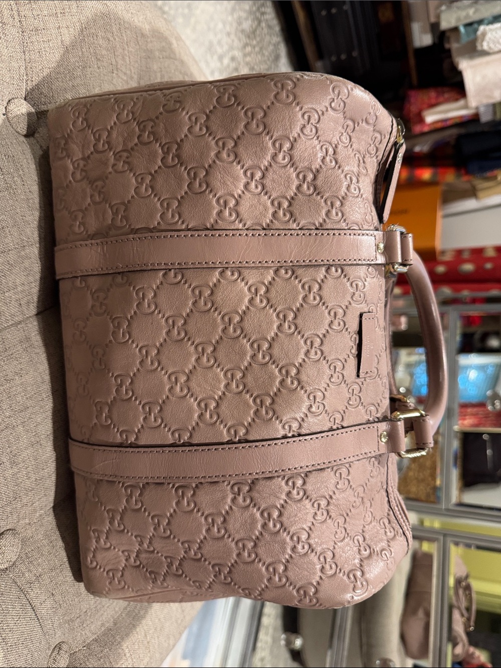 Gucci Blush Pink Embossed Leather Duffel Purse.
